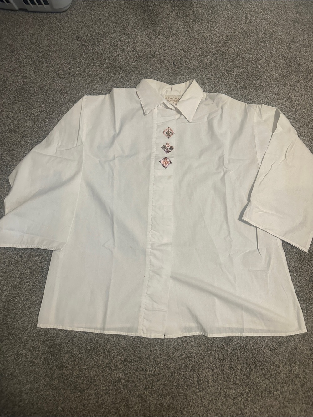 Michaels White Casual Button-Down Shirt with Embroidered Accents